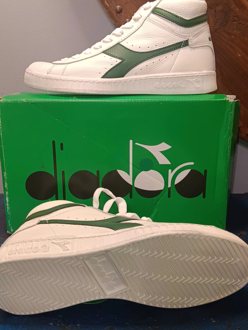Diadora White Leather High-Top Sneakers with Green Accents - Picture 5 of 6